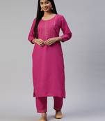 Pink Sequence Embroidery with Gota Patti Border Ruby Silk Straight Kurta Pant Set