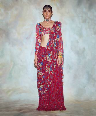 Crimson Red Jaal Print Crop Top Set 1