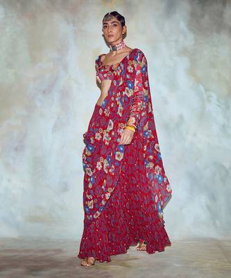 Crimson Red Jaal Print Crop Top Set 2