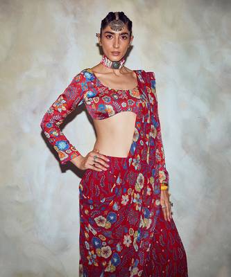 Crimson Red Jaal Print Crop Top Set 3