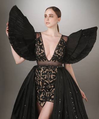 Black Embroidered Mini Dress With Pleated Power Shoulder And A Detachable Layered Pleated Trail 2