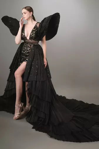 Black Embroidered Mini Dress With Pleated Power Shoulder And A Detachable Layered Pleated Trail