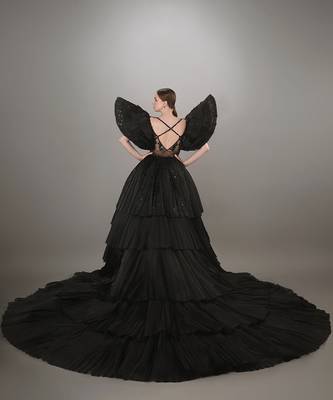 Black Embroidered Mini Dress With Pleated Power Shoulder And A Detachable Layered Pleated Trail 4