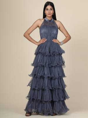 Grey Ruffle Net Gown 1