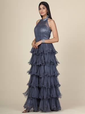 Grey Ruffle Net Gown 2