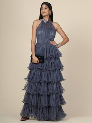 Grey Ruffle Net Gown 4