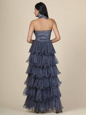 Grey Ruffle Net Gown 5