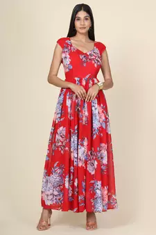 Red Floral Georgette Gown
