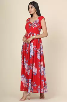 Red Floral Georgette Gown