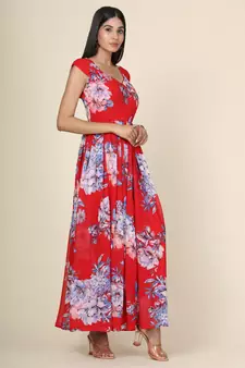 Red Floral Georgette Gown