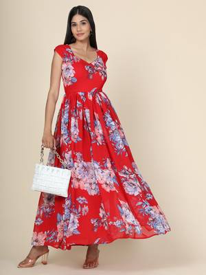 Red Floral Georgette Gown 5