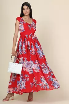 Red Floral Georgette Gown