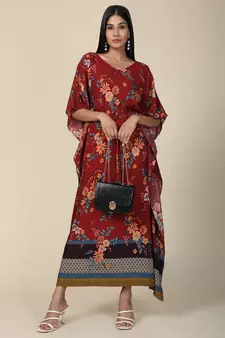 Maroon Floral Rayon Kaftan