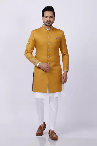 Yellow Embroidered Sherwani Set