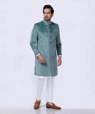 Velveteen Pista Embroidered Sherwani Set 2