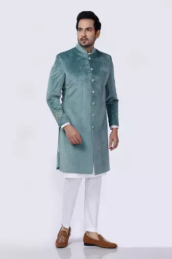 Velveteen Pista Embroidered Sherwani Set