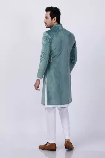 Velveteen Pista Embroidered Sherwani Set