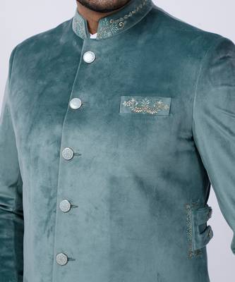 Velveteen Pista Embroidered Sherwani Set 7