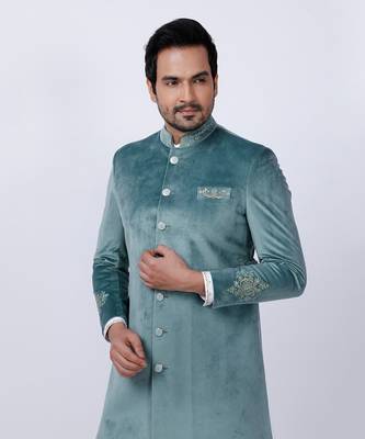 Velveteen Pista Embroidered Sherwani Set 8