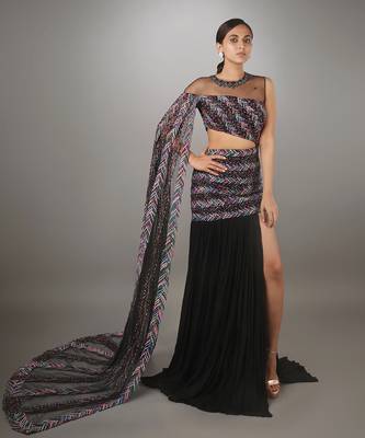 Black Waterfall Sleeve Gown With Thigh High Slit 1