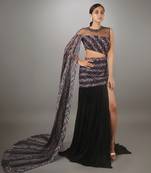 Black Waterfall Sleeve Gown With Thigh High Slit