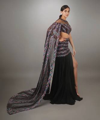 Black Waterfall Sleeve Gown With Thigh High Slit 2