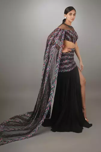 Black Waterfall Sleeve Gown With Thigh High Slit