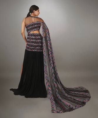 Black Waterfall Sleeve Gown With Thigh High Slit 4