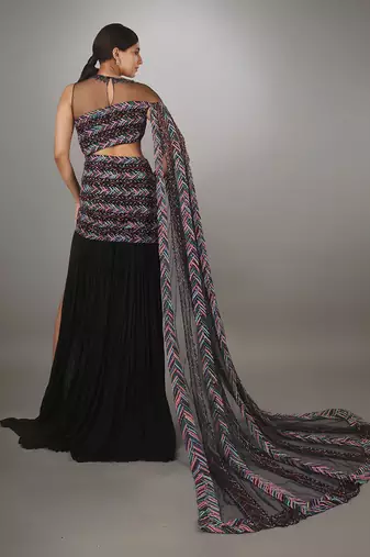 Black Waterfall Sleeve Gown With Thigh High Slit