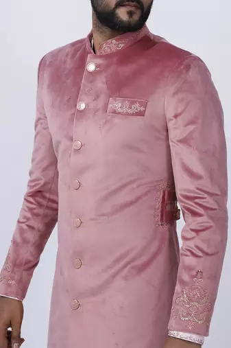 Velveteen Pink Embroidered Sherwani Set