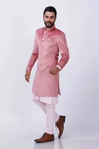 Velveteen Pink Embroidered Sherwani Set