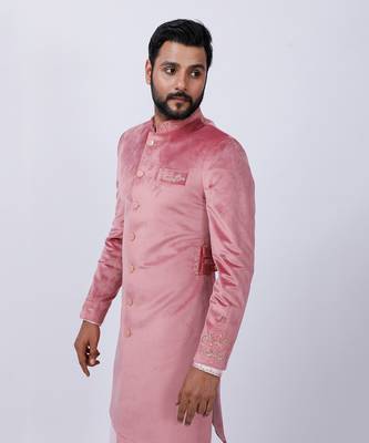 Velveteen Pink Embroidered Sherwani Set 8