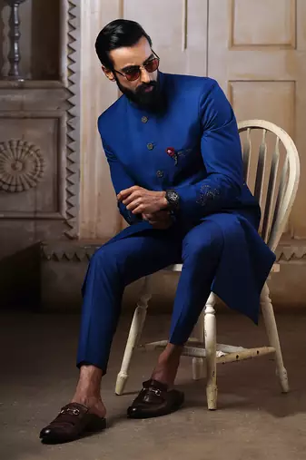 Blue Embroidered Sherwani Set