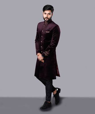 Velveteen Wine Embroidered Sherwani Set 1
