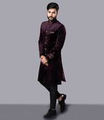 Velveteen Wine Embroidered Sherwani Set