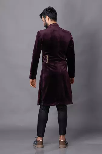 Velveteen Wine Embroidered Sherwani Set