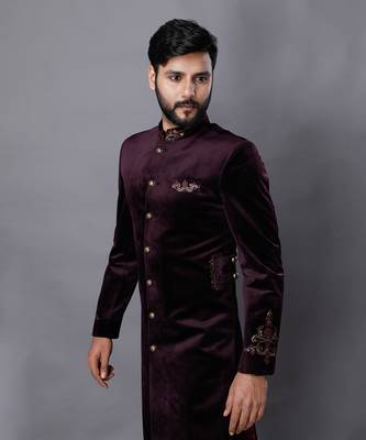 Velveteen Wine Embroidered Sherwani Set 3