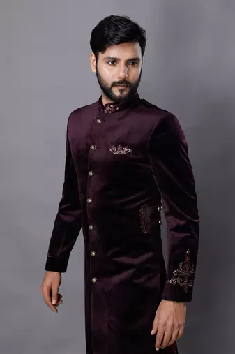 Velveteen Wine Embroidered Sherwani Set