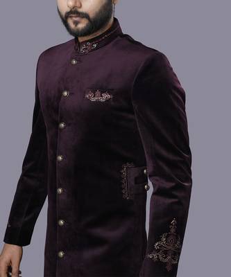 Velveteen Wine Embroidered Sherwani Set 4