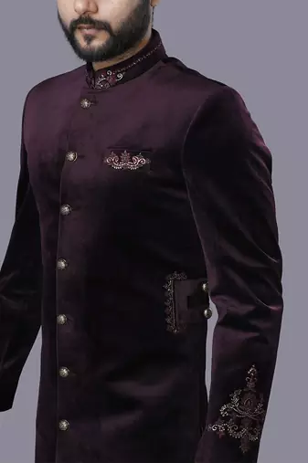 Velveteen Wine Embroidered Sherwani Set