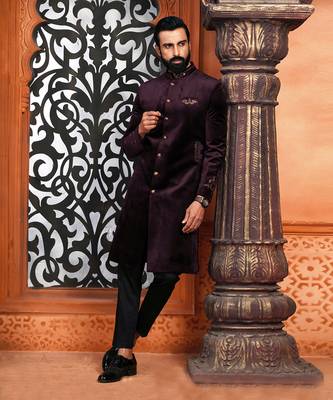 Velveteen Wine Embroidered Sherwani Set 6