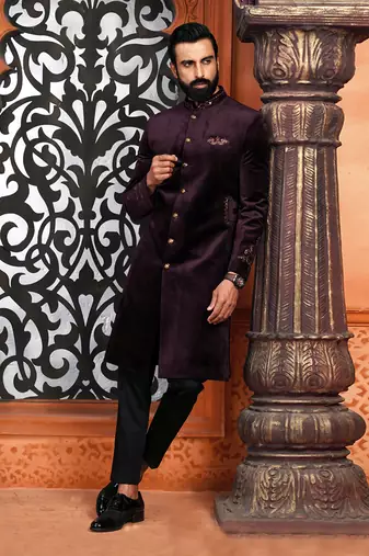 Velveteen Wine Embroidered Sherwani Set