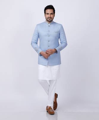Powder Blue Embroidered Bandgala Set 3