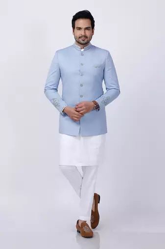 Powder Blue Embroidered Bandgala Set