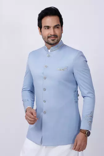 Powder Blue Embroidered Bandgala Set