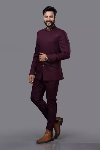 Wine Embroidered Bandgala Set
