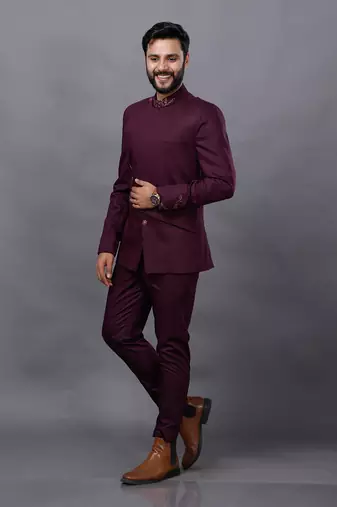 Wine Embroidered Bandgala Set