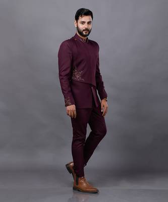 Wine Embroidered Bandgala Set 4