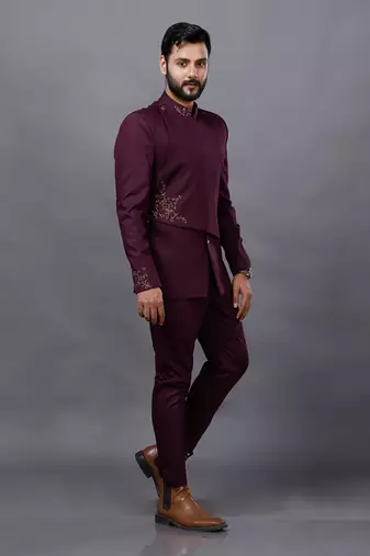 Wine Embroidered Bandgala Set