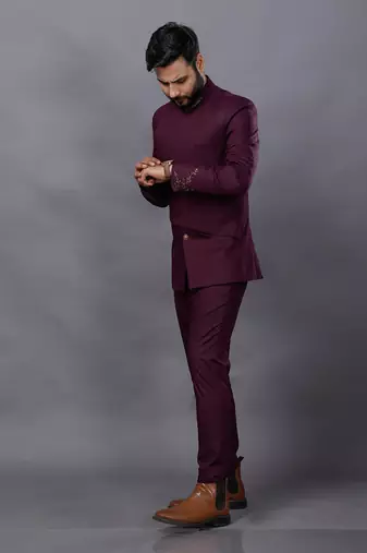 Wine Embroidered Bandgala Set
